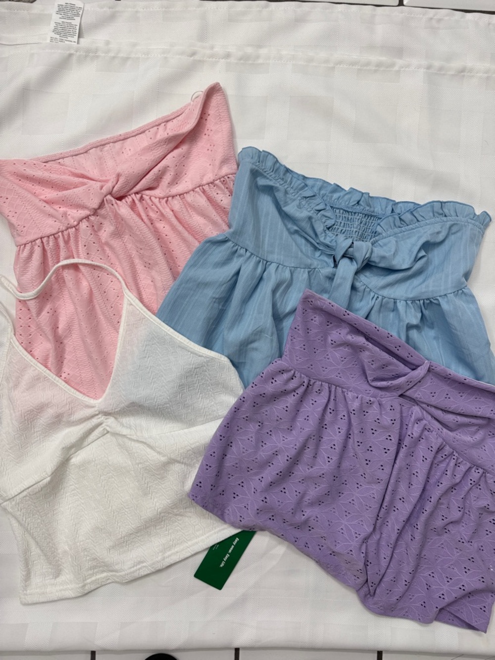 Set of 4. Pink & Purple Eyelet,Blue Tie-Front Strapless & White V-Neck